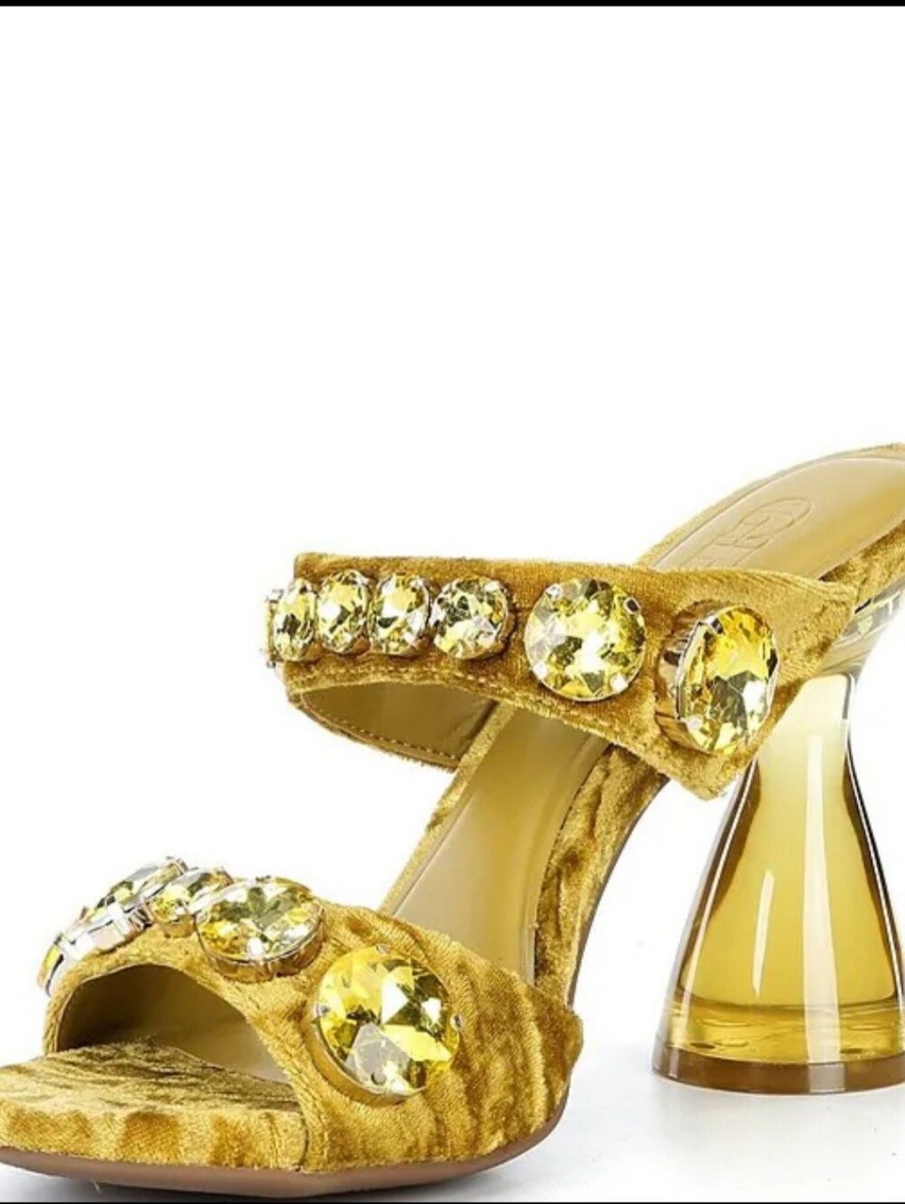 Gianni Bini Gold Velvet Jeweled Block Heel Sandals - Picture 2 of 6